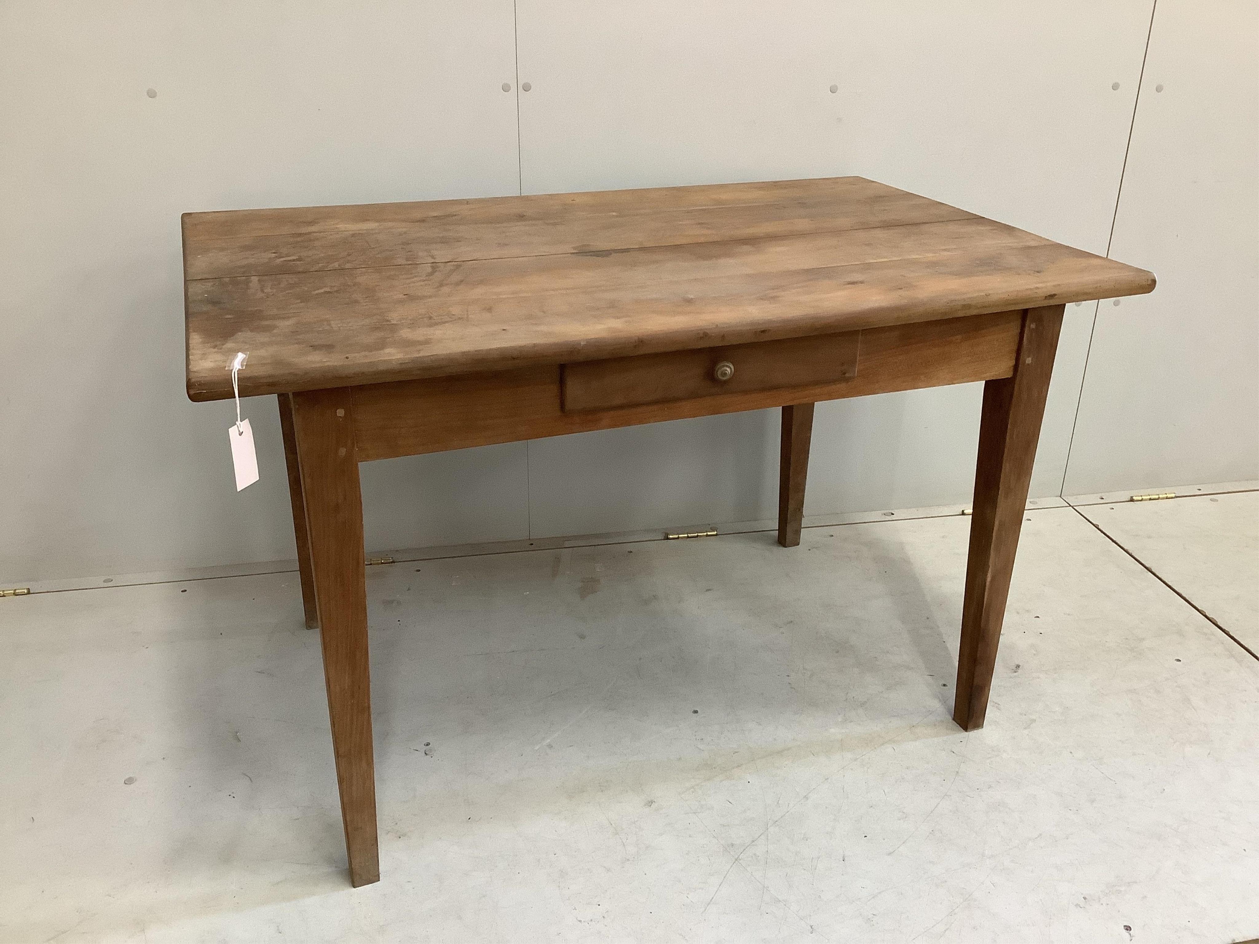 A 19th century French rectangular cherry kitchen table, width 121cm, depth 77cm, height 75cm. Condition - fair